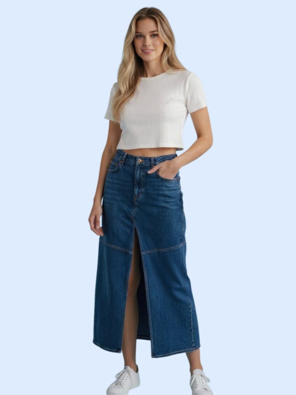Madewell Denim Cotton Skirt Women’s Size 32 High Rise Front Slit Midi Blue Jean - Picture 1 of 12